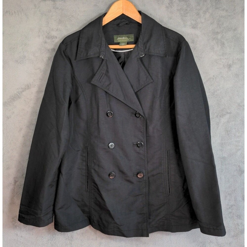 Eddie Bauer Trench Coat Lightweight Rain Jacket Double Breasted Black Sz Large
